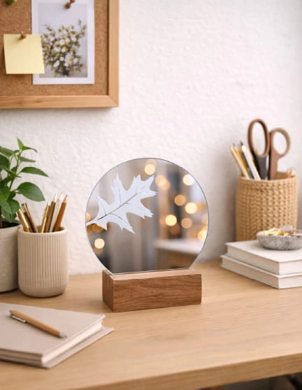 miroir rond gravé feuille arbre base chêne elementti